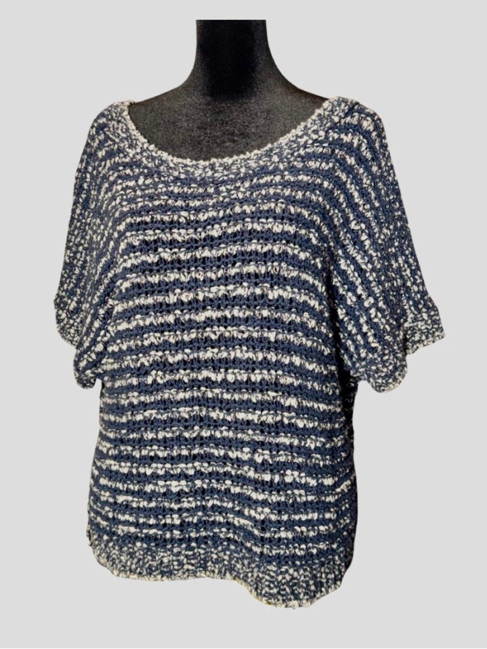 Free People Navy and White Crocheted Striped Scoop Neck Sweater Size Lg